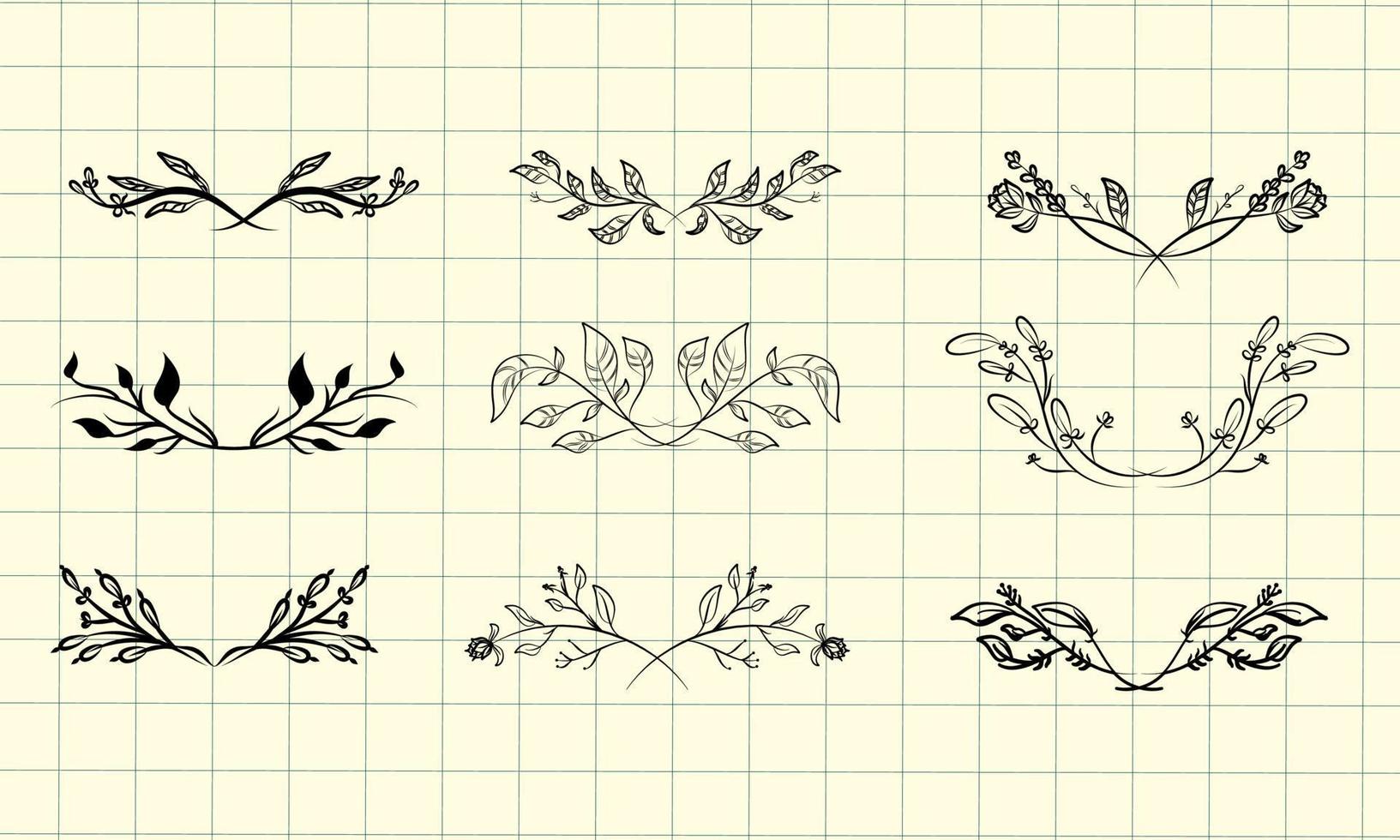 main tiré ancien floral les frontières, cadres, séparateurs, coins avec fleurs et feuilles. branché verdure éléments dans ligne art style. vecteur pour étiqueter, entreprise identité, mariage invitation, carte