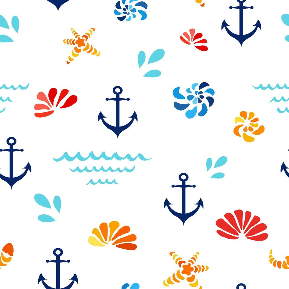 vecteur sans couture modèle avec coloré mer coquilles, vagues, ancre étoile de mer. sammer vacances océan nautique thème illustration pour papier conception, textile, arrière-plan, tissu, envelopper, emballer, mer couverture