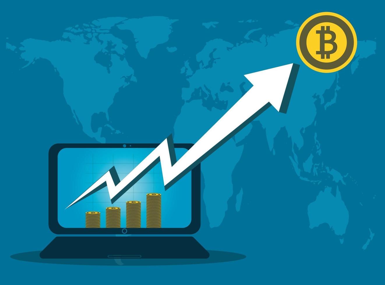 affaires bitcoin, flèche vers le haut de l'écran de l'ordinateur sur fond de carte world.vector illustrator vecteur