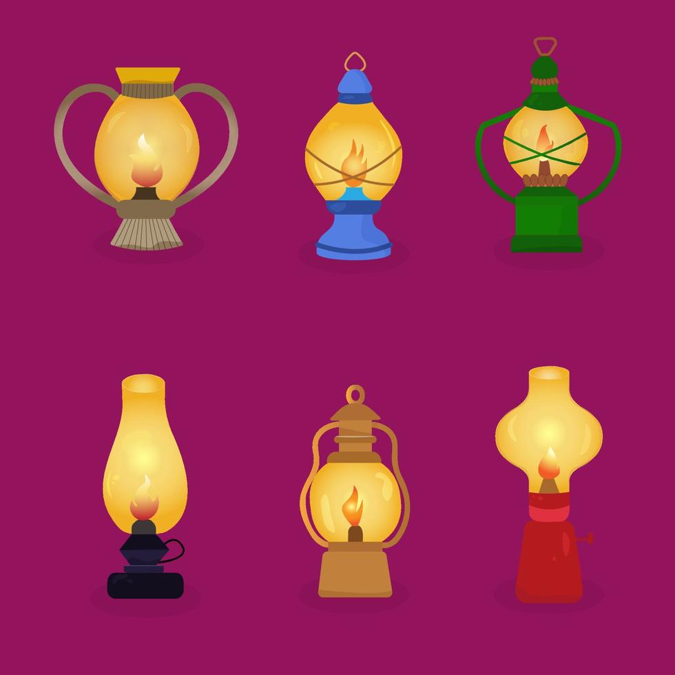 une ensemble de six kérosène les lampes. lumières pour camping, jardinage, camping, marche. vecteur illustration. dessin animé