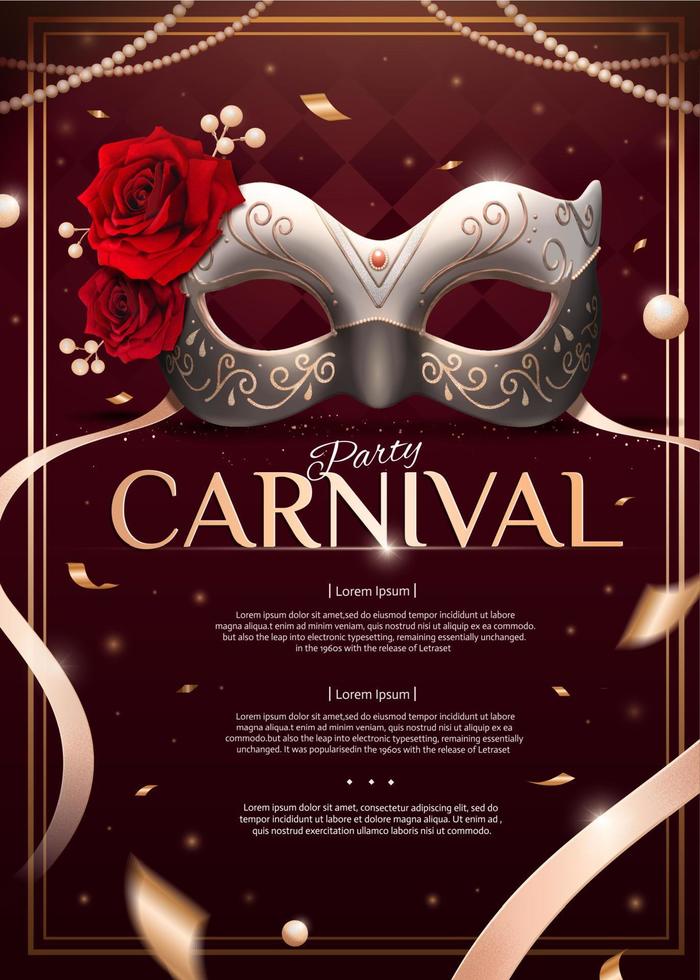 mascarade fête conception avec argent masque et des roses dans 3d illustration sur Bourgogne rouge Contexte vecteur