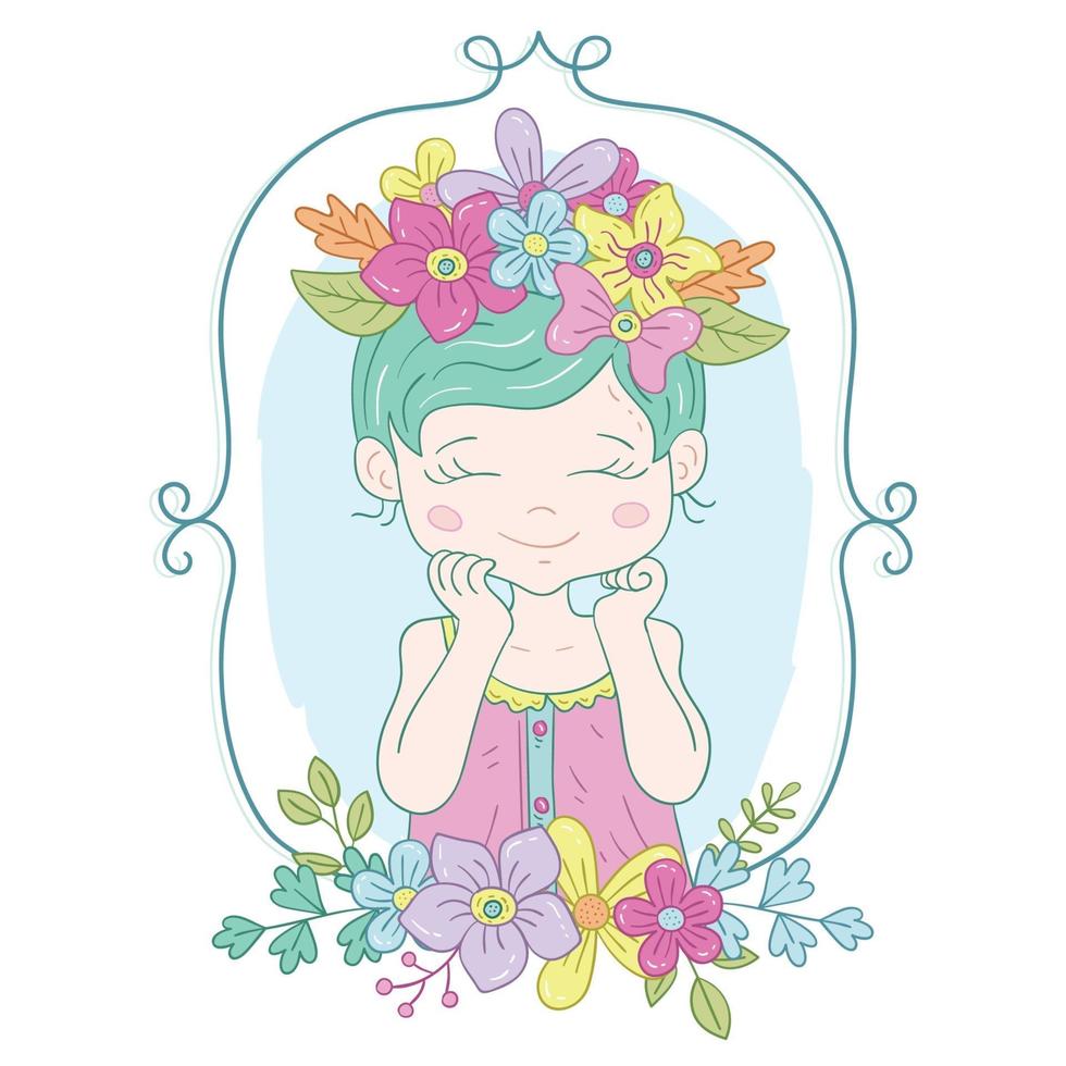 illustration de petite fille mignonne colorée avec fleurs et bordure vecteur