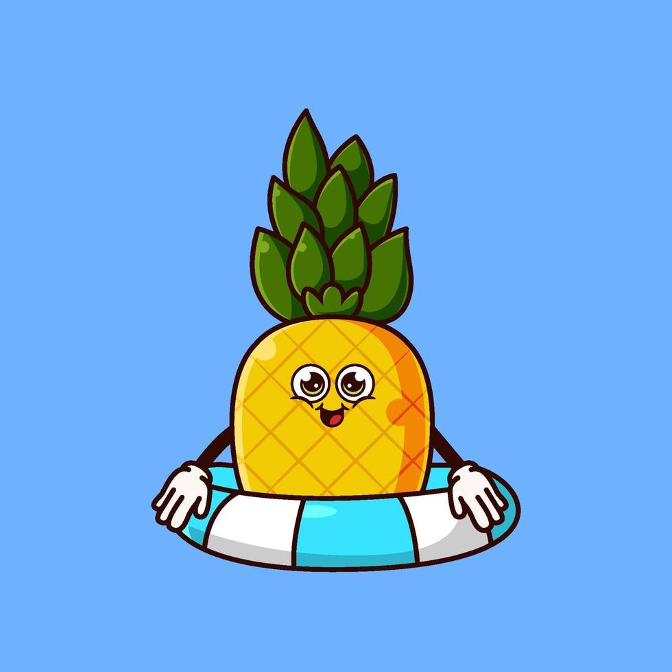 adorable personnage d'ananas avec flotteur d'anneau de bain vecteur