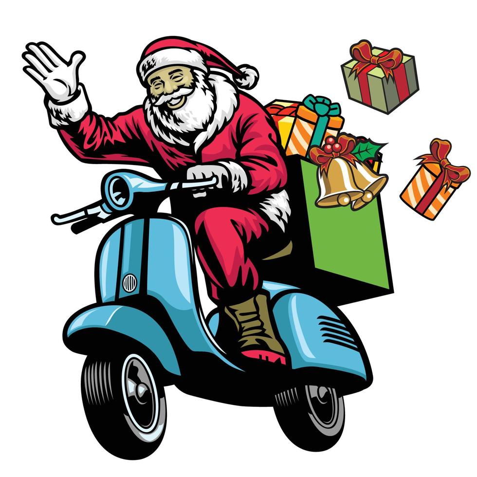 Père Noël claus équitation vieux scooter avec bouquet de Noël présente vecteur