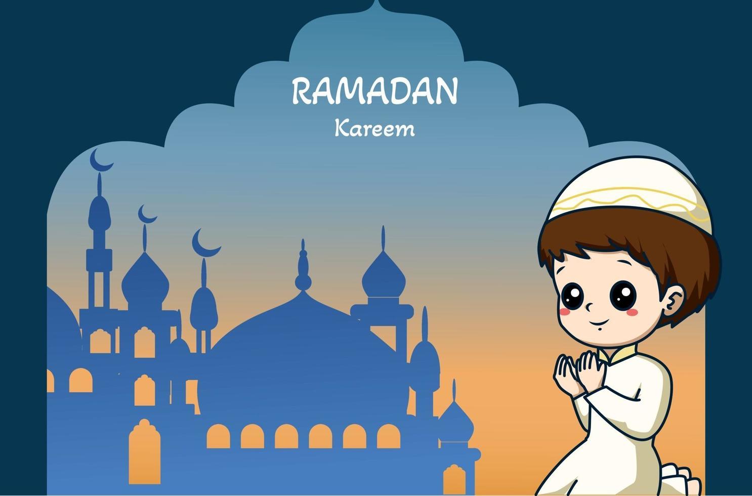 petit garçon musulman priant à la mosquée ramadan kareem illustration de dessin animé vecteur