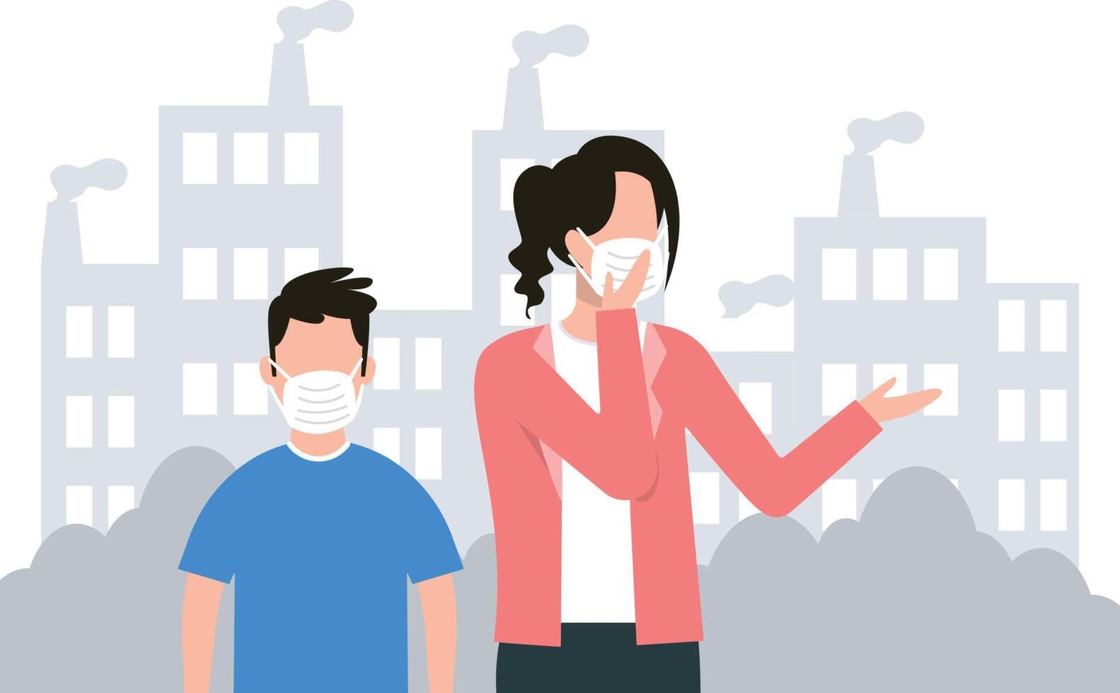 une fille et une garçon portant masques sont protéger se de air pollution. vecteur