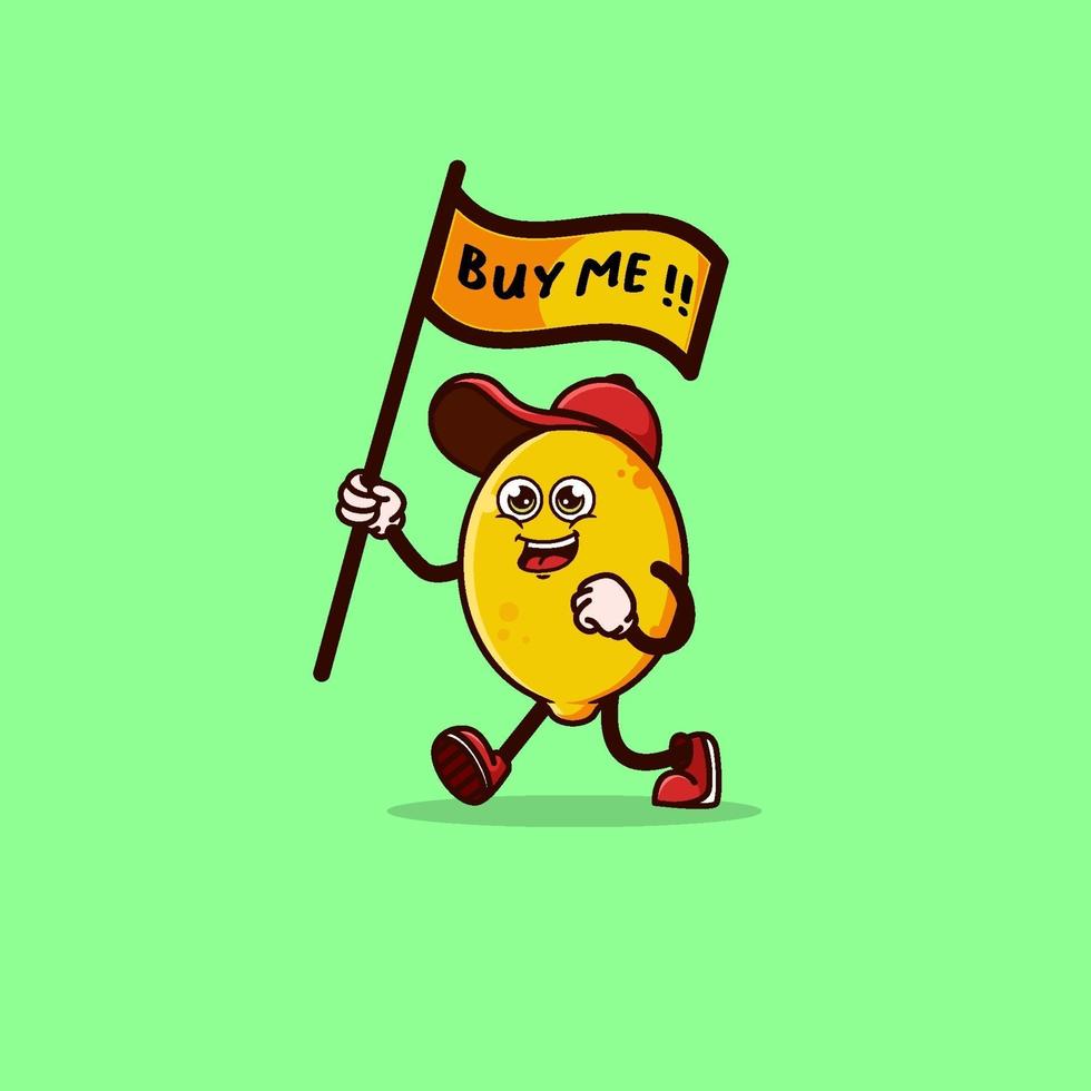 joli personnage de citron portant un drapeau qui dit achète-moi vecteur