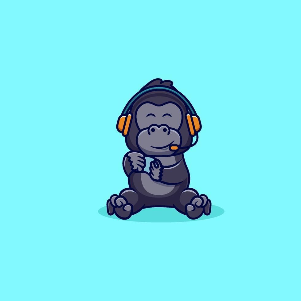 caractère kawaii. mignon gorilla kong gaming avec casque vecteur