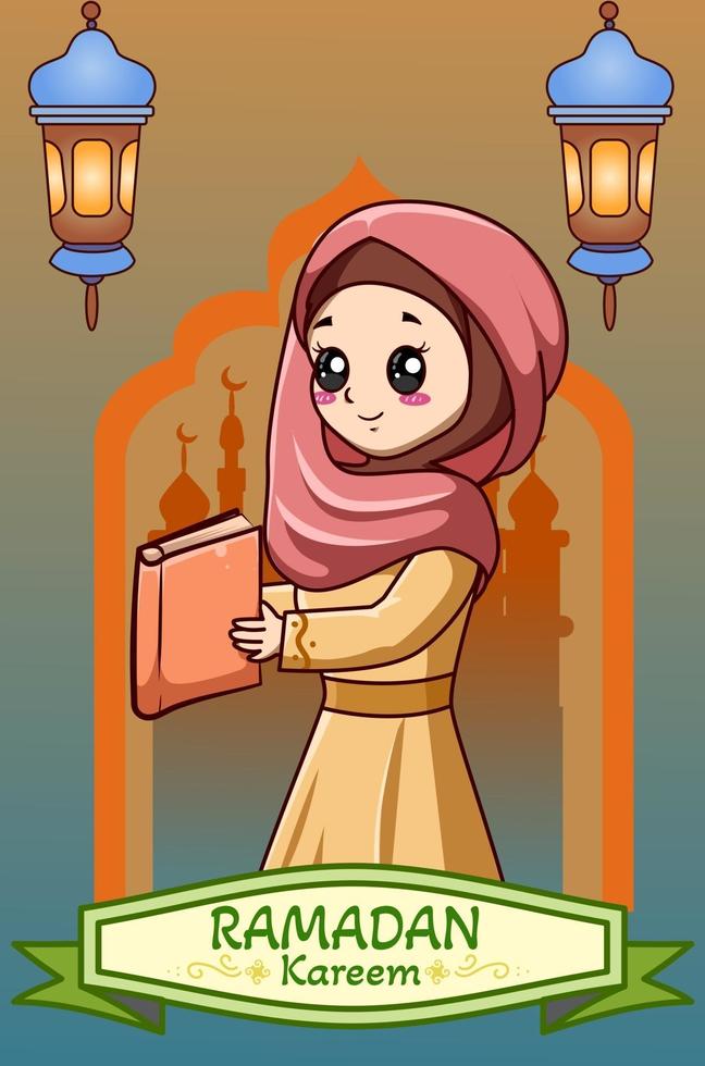 fille heureuse en illustration de dessin animé ramadan kareem vecteur