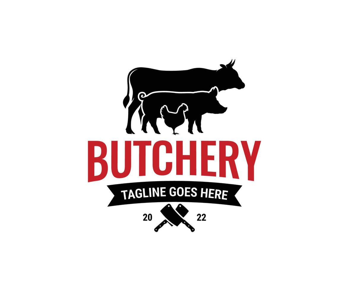 Boucher magasin badge ou étiquette avec vache, cochon, poulet, bœuf. vecteur illustration.