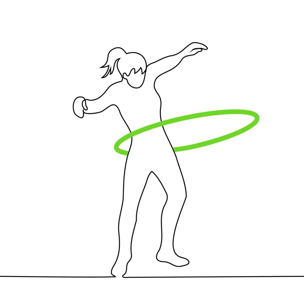 femme filage une cerceau - un ligne dessin vecteur. le concept Des classes physique formation vecteur