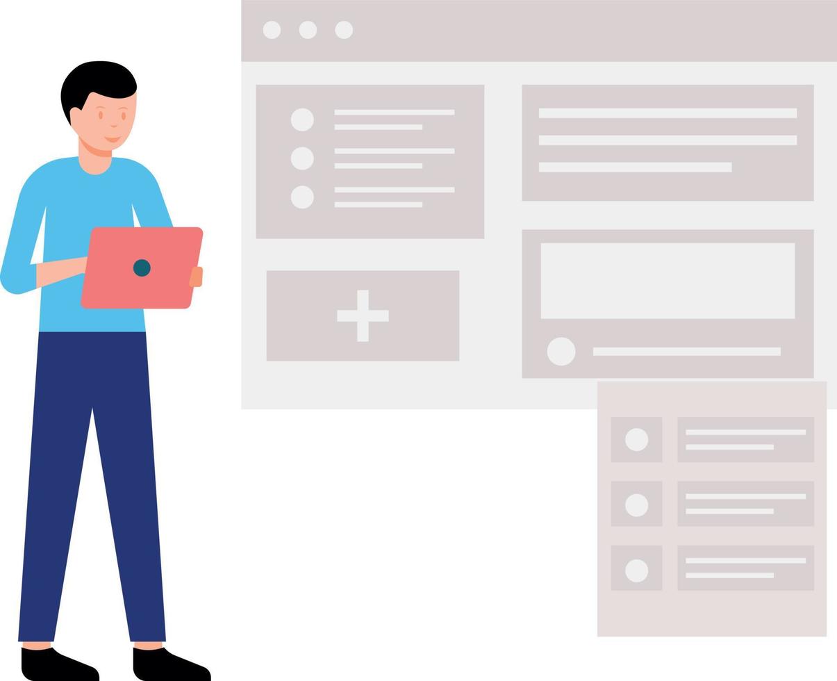 le garçon travaille sur la page Web. vecteur
