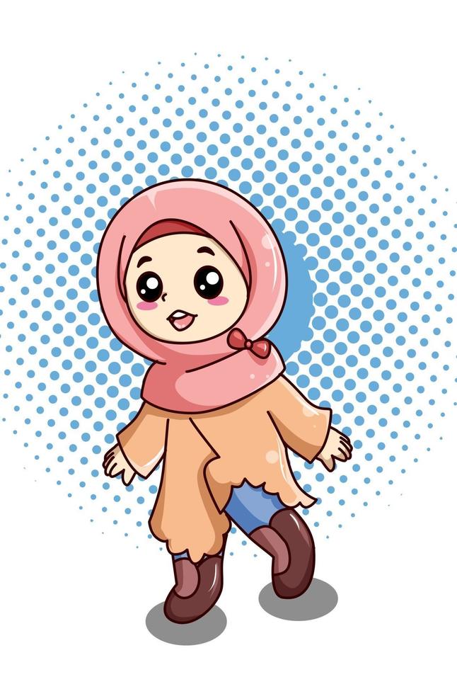 heureuse et drôle petite fille musulmane à l'illustration de dessin animé de ramadan vecteur