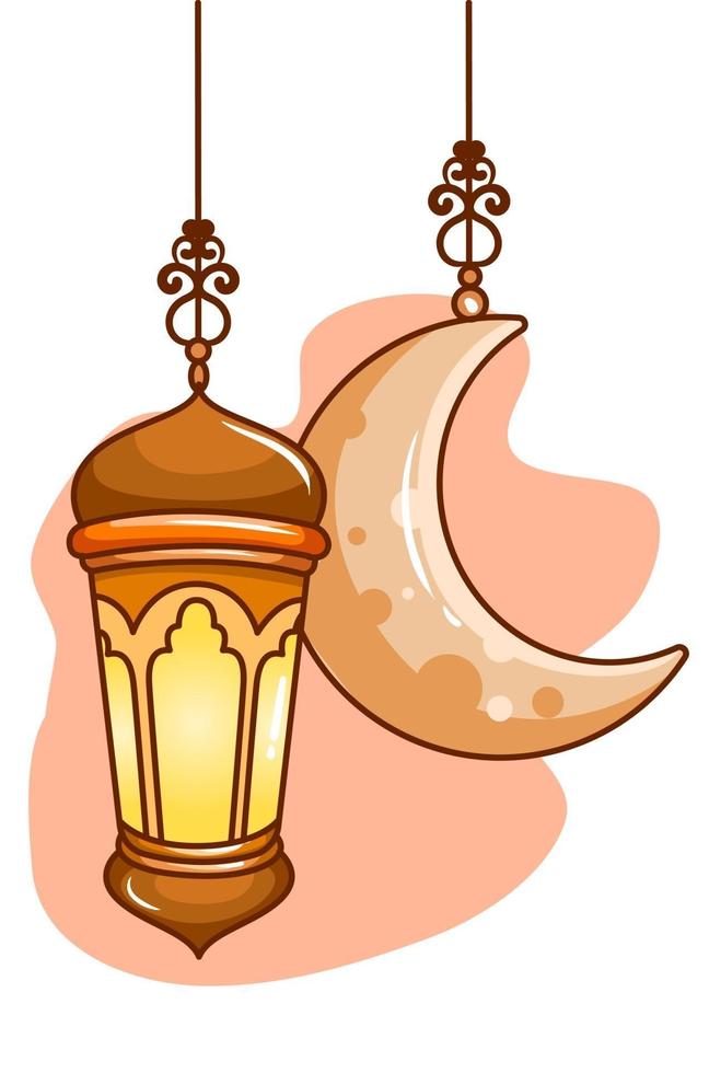 lanterne et lune à illustration de dessin animé de nuit de mubarak vecteur