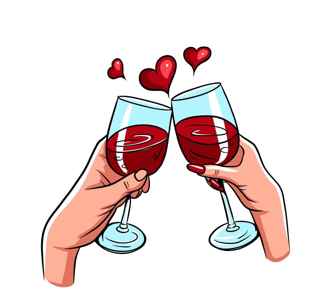 couple amoureux deux mains tinter le vecteur de verres à vin rouge