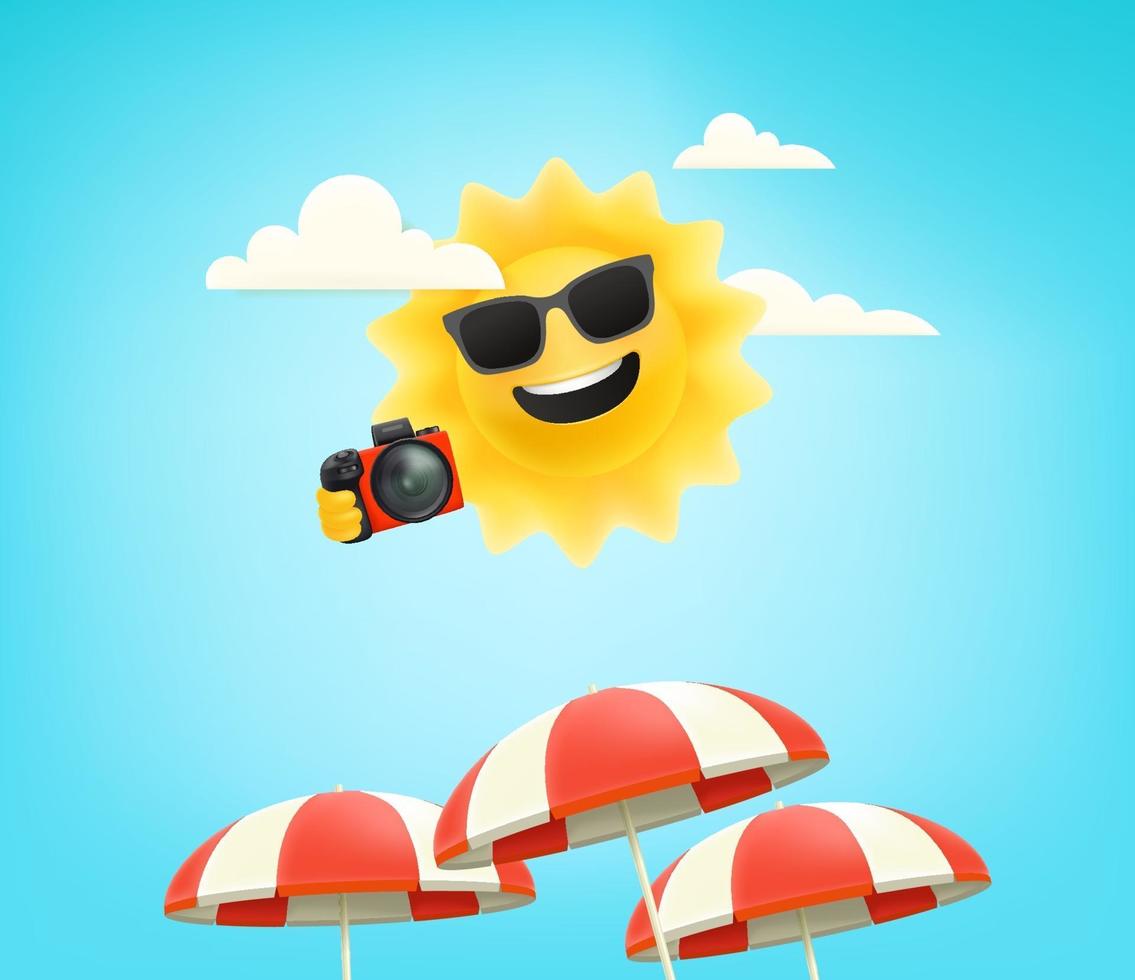 personnage de soleil mignon avec appareil photo numérique sur une plage. illustration vectorielle de bonne saison estivale vecteur