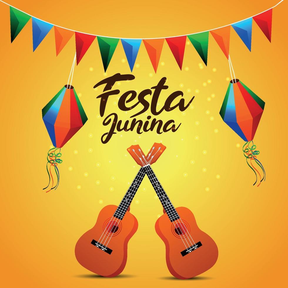 carte d'invitation festa junina avec drapeau de fête coloré créatif et lanterne en papier et guitare vecteur