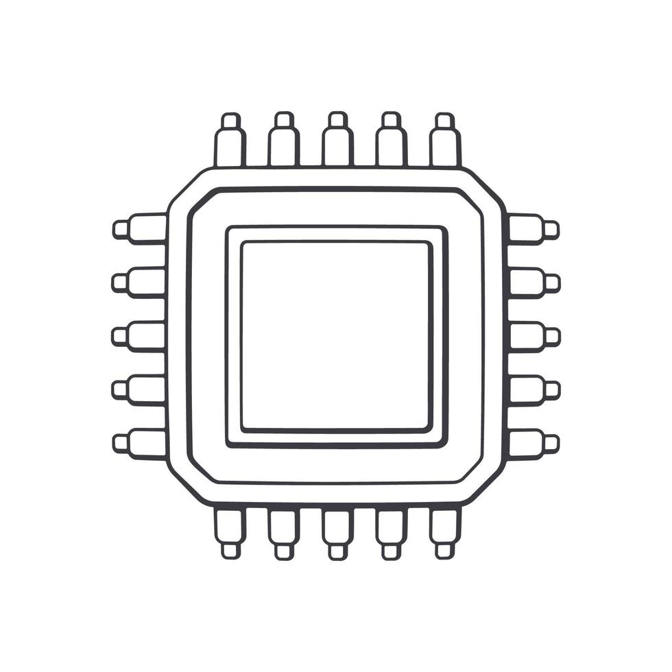 électronique intégré circuit Haut voir. contour. vecteur illustration. ordinateur puce électronique ou nano processeur. artificiel intelligence à futur technologie. main tiré esquisser. isolé blanc Contexte