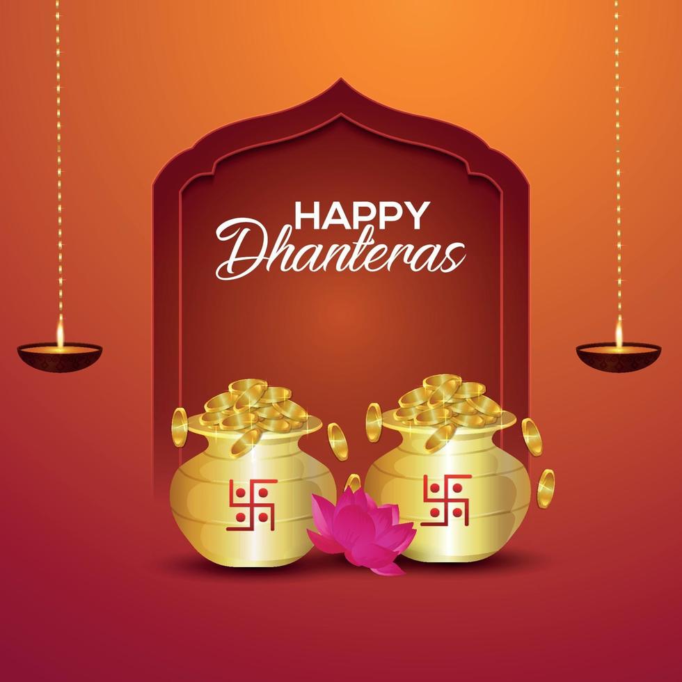 Happy dhanteras vector illustration carte de voeux avec pot de pièce d'or