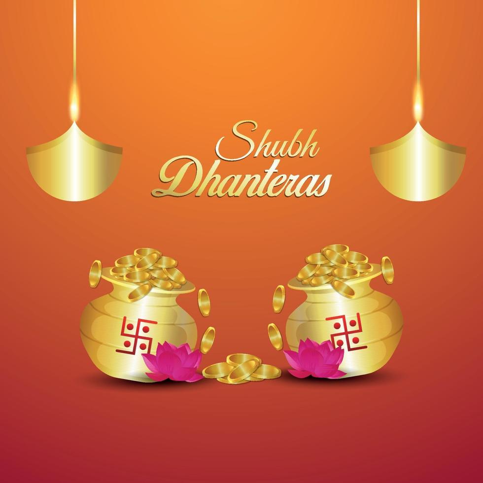 illustration créative de carte de voeux invitation shubh dhanteras avec pot de pièce en or avec fond créatif vecteur