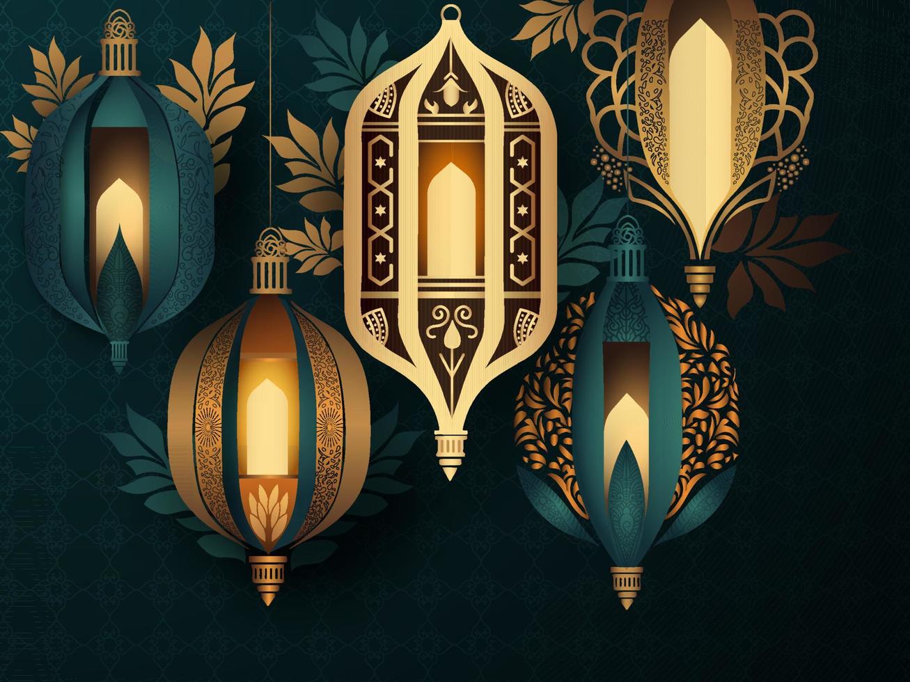 d'or et sarcelle bleu arabe les lampes pendre avec feuilles décoré islamique modèle Contexte. vecteur