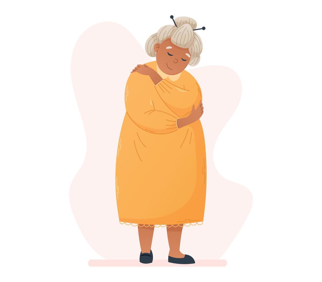 soi l'amour concept. mignonne plat vieux femme dans une robe étreindre se. vecteur dessin animé isolé souriant grand-mère avec coiffure.