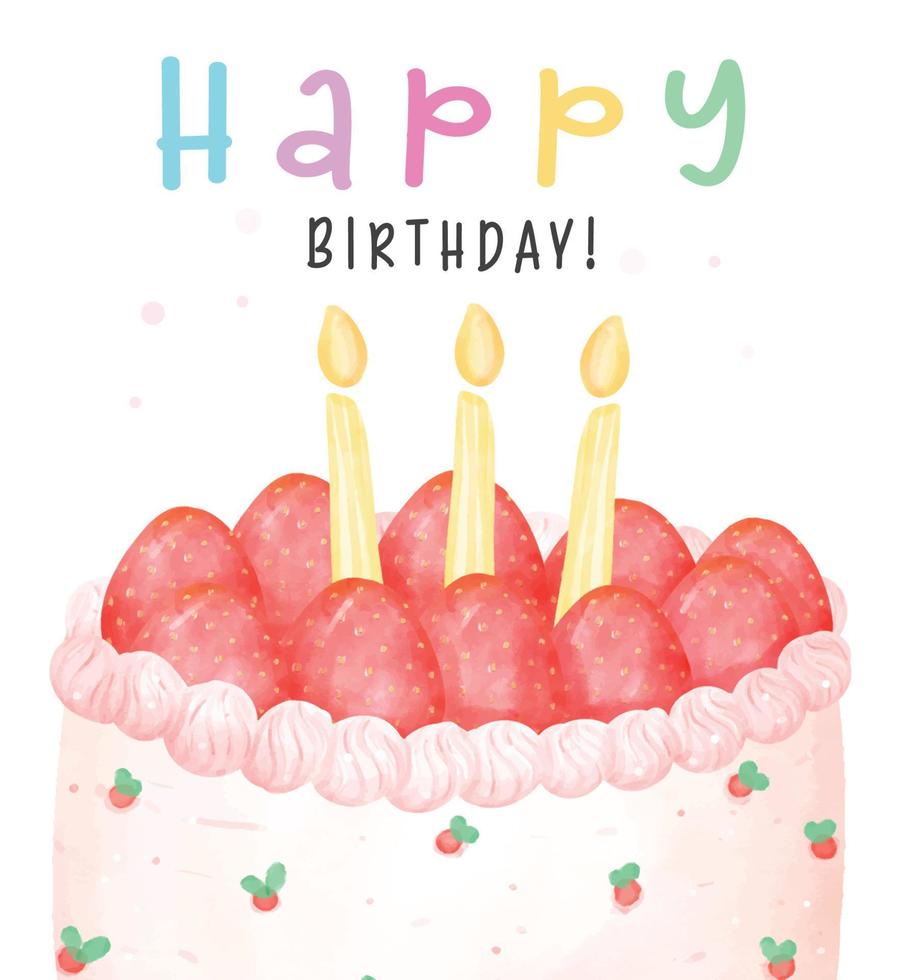 mignonne des fraises anniversaire gâteau avec bougies sur haut, content anniversaire aquarelle main La peinture illustration isolé sur blanc Contexte pour salutation carte idée. vecteur