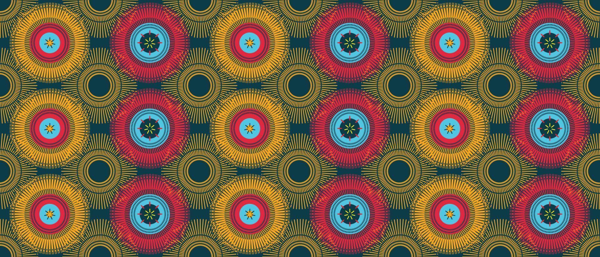 africain la cire impression modèle. sans couture magnifique kitenge, Chitenge, néerlandais la cire, et Angara style. géométrique formes mode conception dans coloré. cercle fleur sur bleu Contexte. africain la cire impression vecteur