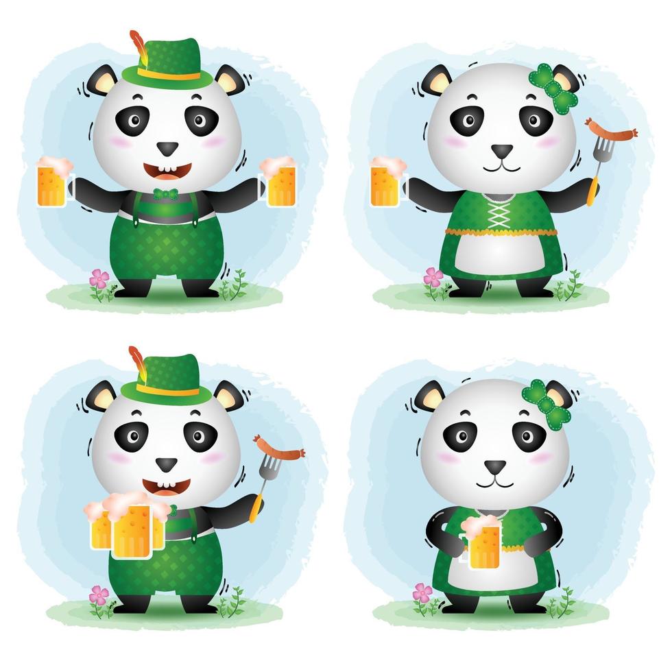 un joli couple de panda avec une robe traditionnelle oktoberfest vecteur