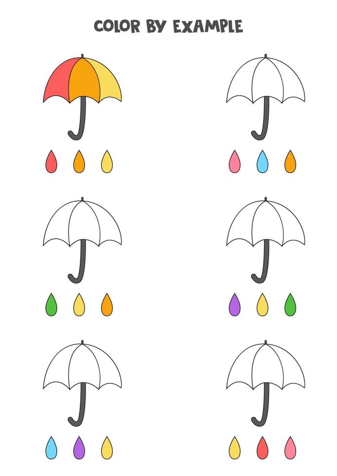 colorie de jolis parapluies par des exemples. feuille de calcul pour les enfants. vecteur