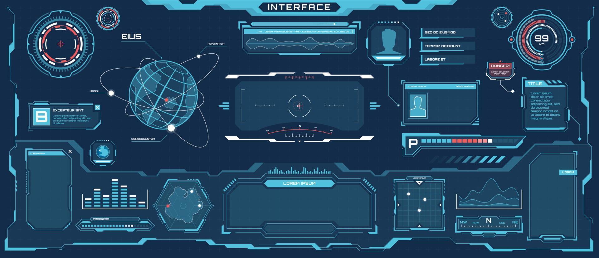 futuriste hud interface. science-fiction virtuel la communication afficher mise en page. numérique hologramme filtrer, vaisseau spatial contrôle panneau vecteur modèle