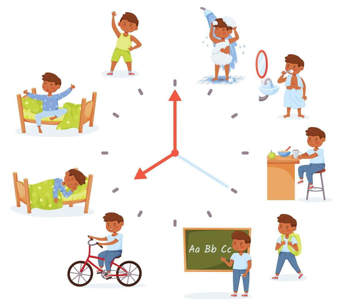 dessin animé peu école garçon activités, enfant du quotidien routine. les enfants Matin et soir activité, tous les jours programme pour des gamins vecteur ensemble