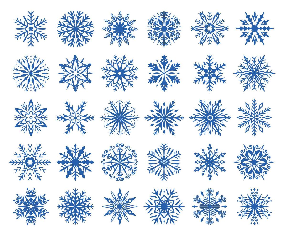 hiver flocons de neige Icônes, la glace flocons, neige cristaux ornements. Noël flocon de neige décorations, bleu congelé cristal silhouette vecteur ensemble