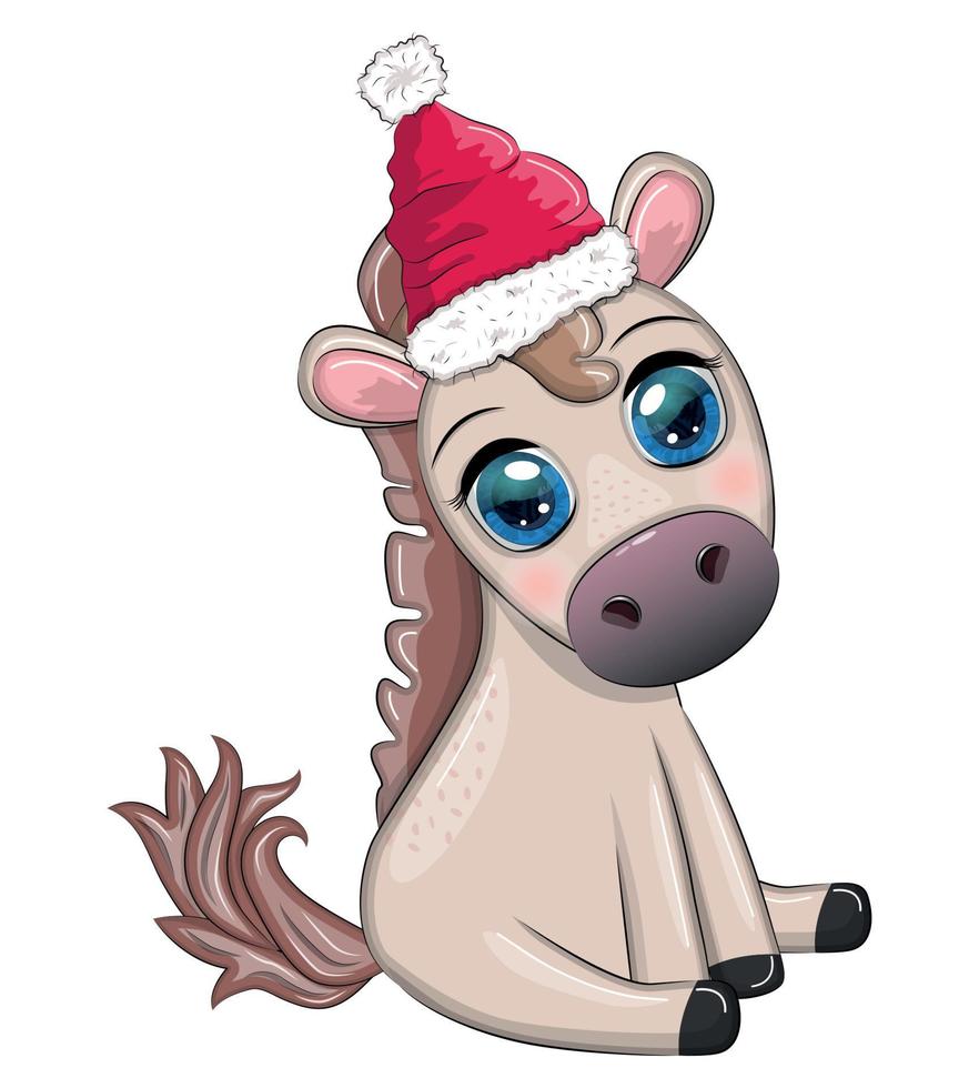 mignonne cheval, poney dans Père Noël chapeau avec bonbons Kane, Noël balle, cadeau, la glace patinage. hiver, Noël vecteur