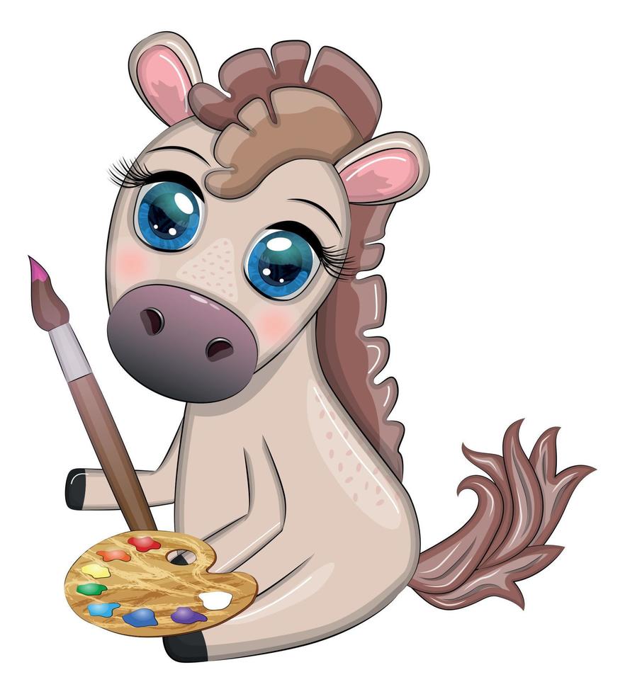 mignonne cheval avec peindre palette et brosse, artiste personnage, enfants illustration vecteur