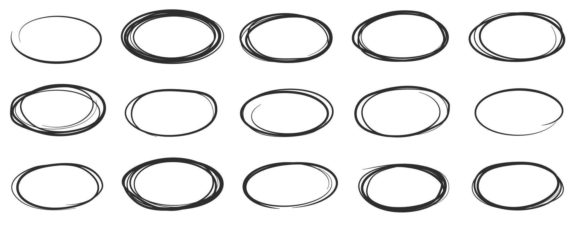 main tiré ellipse griffonnages, esquisser crayon ovale cadres. noir contour rond formes griffonnage dessin, griffonner brosse accident vasculaire cérébral cercles vecteur ensemble