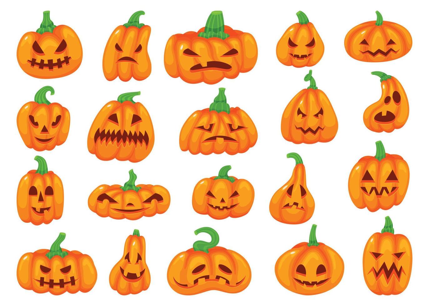 dessin animé Halloween citrouilles avec effrayant visages, tomber décor éléments. mignonne Orange citrouille lanterne avec effrayant affronter, l'automne décoration vecteur ensemble