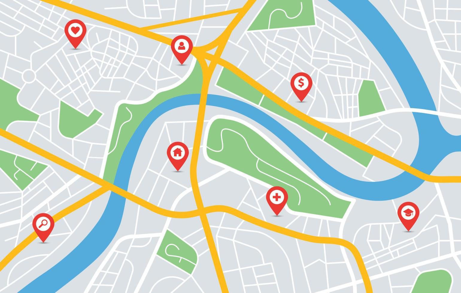 ville carte GPS la navigation avec emplacement épingle Marqueurs. Urbain centre ville routes, parcs, rivière. rouge pointeurs sur feuille de route navigateur vecteur illustration
