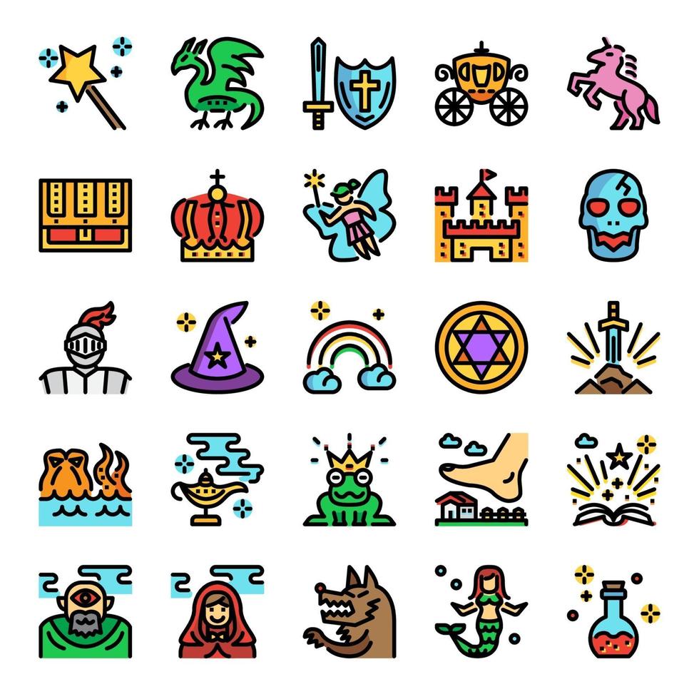 Icônes parfaites de pixel de ligne de couleur de conte de fées vecteur