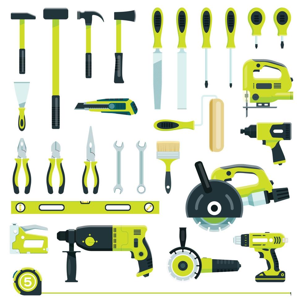 construction travail outils, charpenterie équipement pour réparations ou bâtiment rénovation. Tournevis, clé, marteau, circulaire vu plat vecteur ensemble