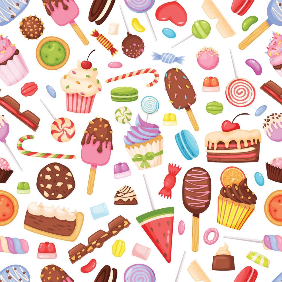 dessin animé bonbons et des sucreries, délicieux desserts sans couture modèle. petit gâteau, chocolat, sucette, la glace crème. boulangerie et confiserie Contexte vecteur