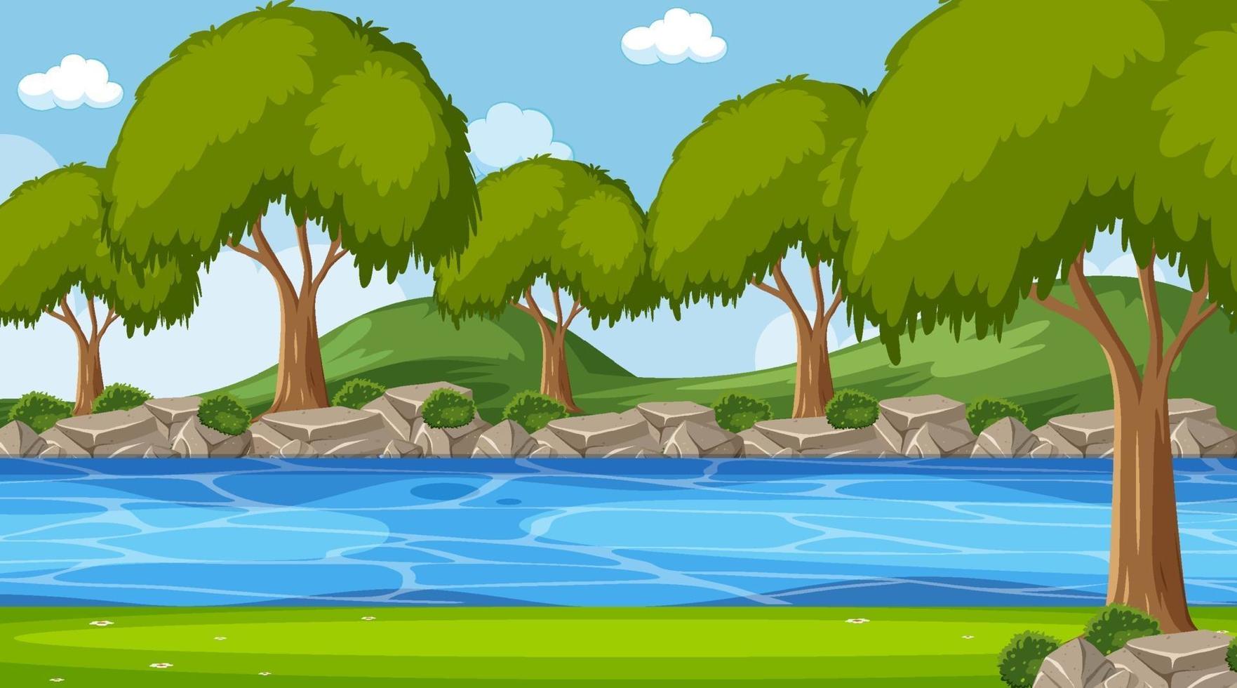 scène de paysage de parc naturel vide avec rivière vecteur