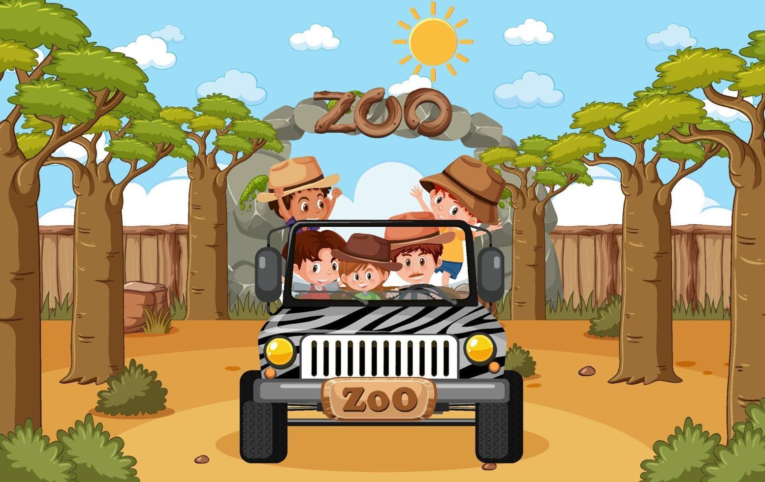 enfants en voiture de tourisme explorent la scène du zoo vecteur