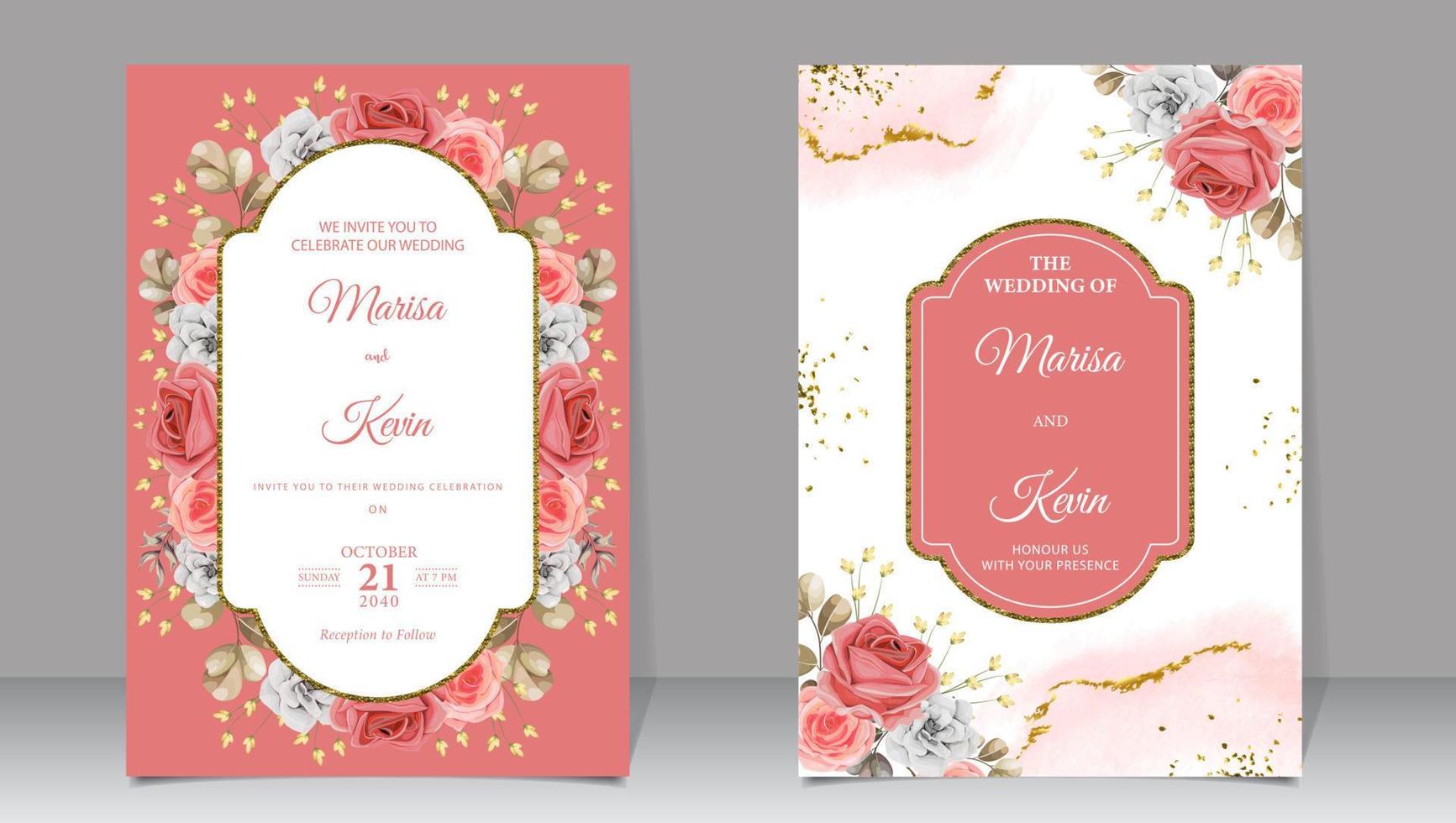 luxe mariage invitation avec rouge fleurs et or briller vecteur