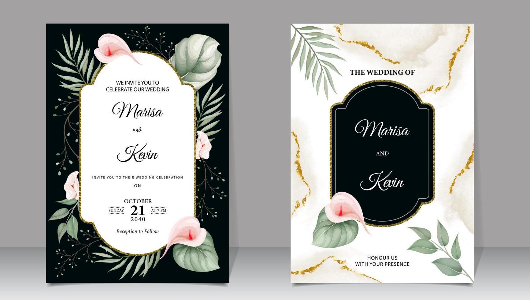 luxe mariage invitation de fleurs et feuilles sur une aquarelle Contexte vecteur