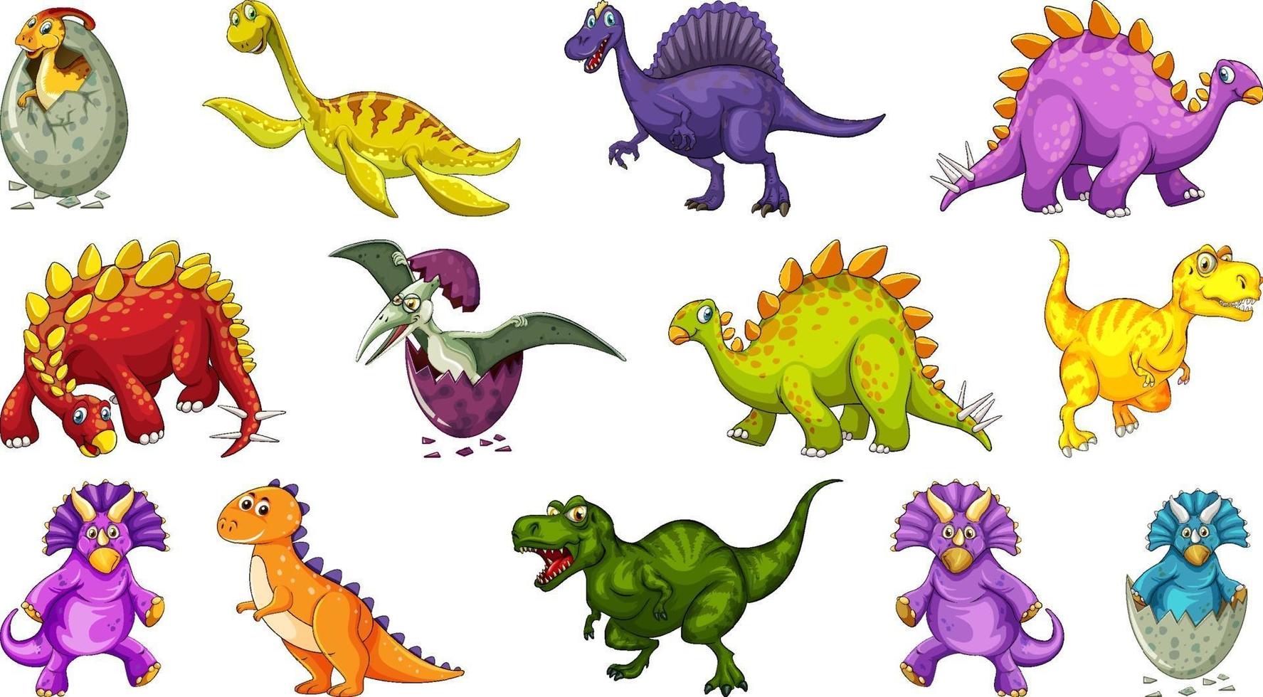 Personnage de dessin animé de dinosaures différents et dragons fantastiques isolés vecteur