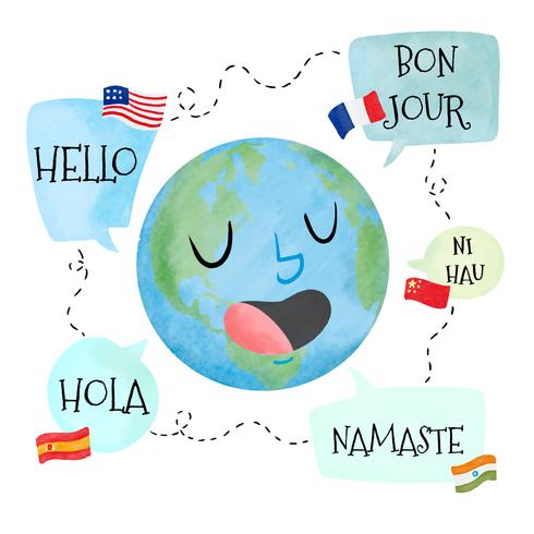 Personnage de planète aquarelle avec bulle de dialogue avec différentes langues vecteur