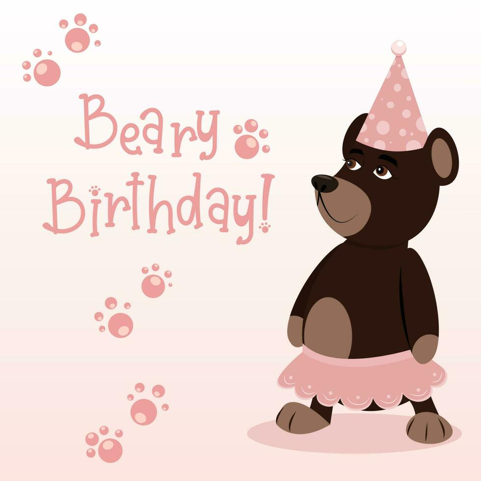 beary anniversaire carte invitation vecteur illustration de une anniversaire ours dans une tutu et fête chapeau