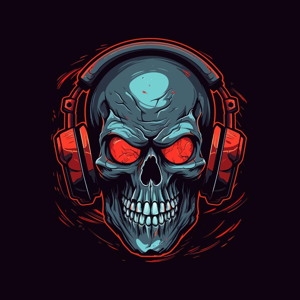 logo de un en colère crâne portant écouteurs conçu dans esports illustration style vecteur