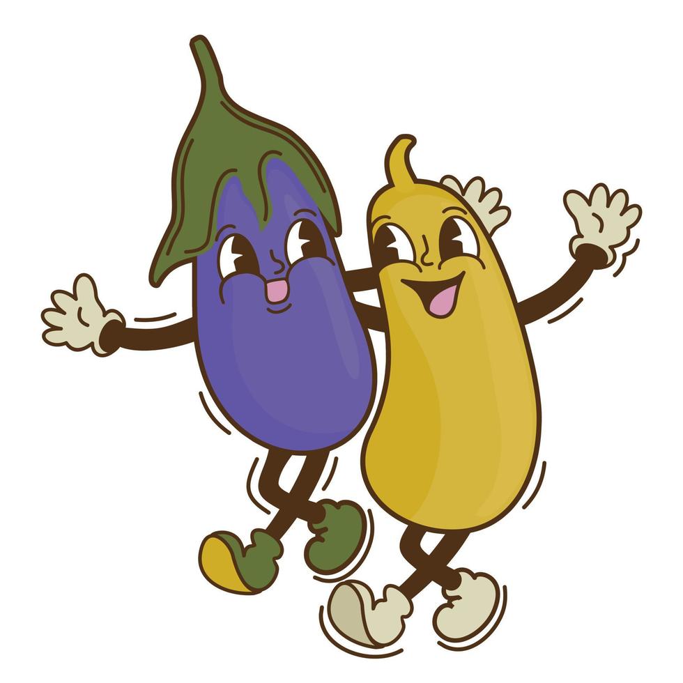 aubergine et courgette. rétro dessin animé vecteur. style de 1970-s. isolé sur blanc Contexte. vecteur